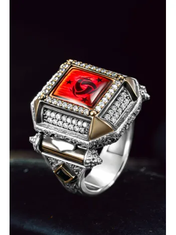 Erkek Gümüş Yüzük - Kırmızı Kehribar Taşlı Teşkilatı Mahsusa İşlemeli Erkek Yüzük Erkek Gümüş Yüzük - Kırmızı Kehribar Taşlı Teşkilatı Mahsusa İşlemeli Erkek Yüzük