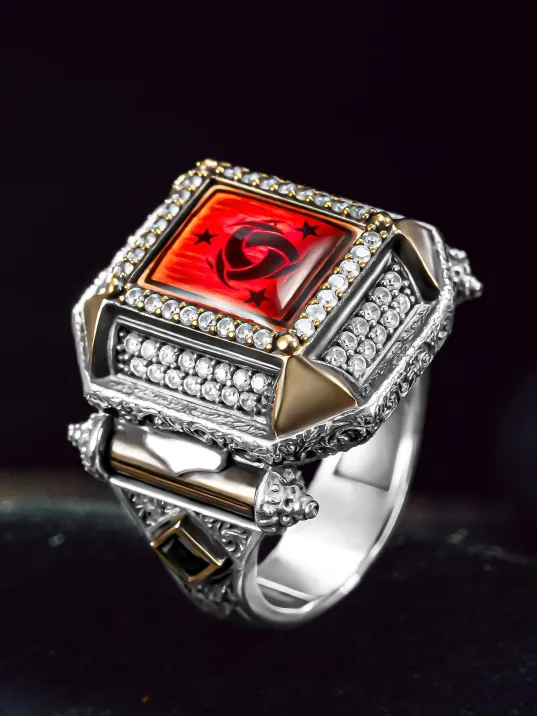 Erkek Gümüş Yüzük - Kırmızı Kehribar Taşlı Teşkilatı Mahsusa İşlemeli Erkek Yüzük