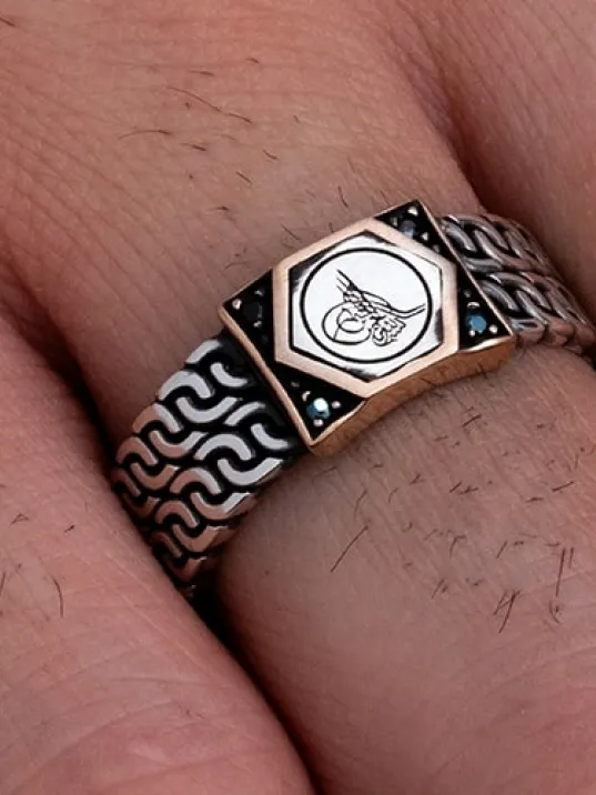 Erkek Gümüş Yüzük - Osmanlı Tuğrası Siyah Taşlı Gümüş Erkek Yüzüğü