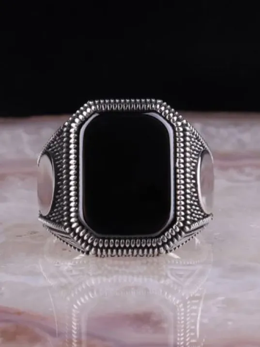 Erkek Gümüş Yüzük - Oniks Taşlı Erkek Yüzük