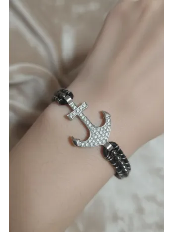 Faset Siyah Akik Doğaltaş Ve Beyaz Zirkon Çapalı Deri Bileklik