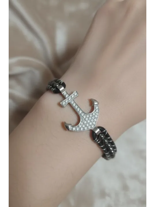 Faset Siyah Akik Doğaltaş Ve Beyaz Zirkon Çapalı Deri Bileklik