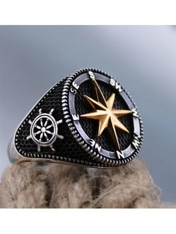 Pusula Çapa Dümen Motifli Gemici Gümüş Erkek Yüzüğü