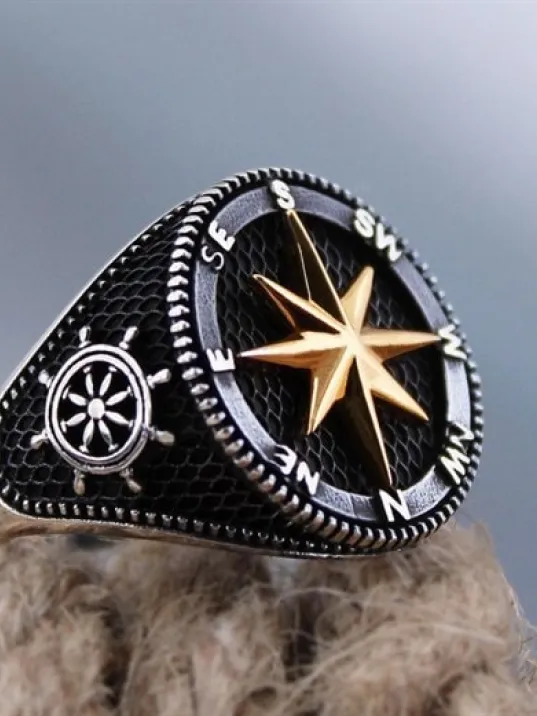 Pusula Çapa Dümen Motifli Gemici Gümüş Erkek Yüzüğü Pusula Çapa Dümen Motifli Gemici Gümüş Erkek Yüzüğü