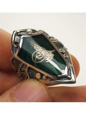 Osmanlı Tuğralı Yeşil Mineli Gümüş Erkek Zihgir Yüzük