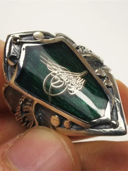 Osmanlı Tuğralı Yeşil Mineli Gümüş Erkek Zihgir Yüzük