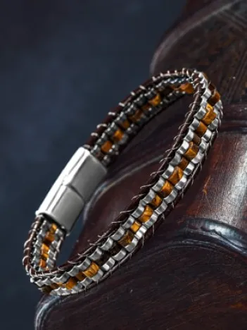 Erkek Kadın Kaplan Gözü Taşı Deri Kordon Doğal Taş Bileklik