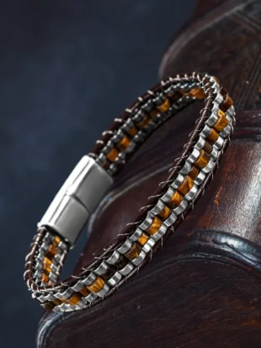 Erkek Kadın Kaplan Gözü Taşı Deri Kordon Doğal Taş Bileklik