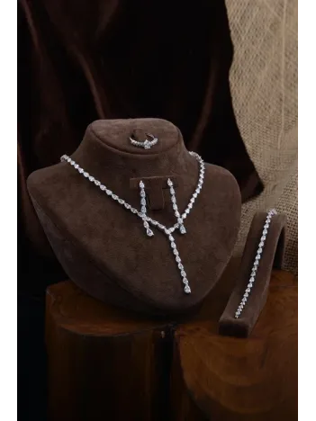 Açela Bayan Zirkon Taşlı Gümüş Su Yolu Set - Kolye, Bileklik, Küpe, Yüzük