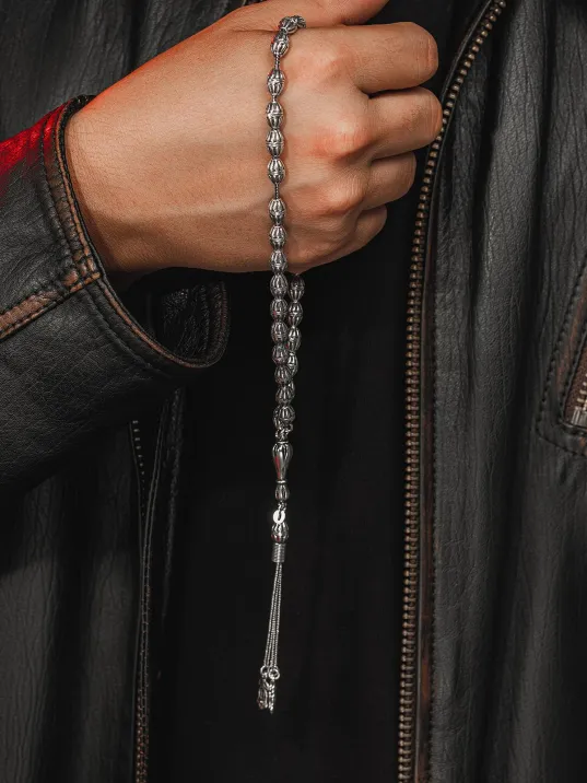 Erkek Tesbih - Zümre Oksitli 925 Ayar Gümüş Erkek Tespih Orta Boy 28gr