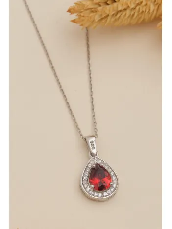 Kadın Gümüş Kolye - Damla Model Yakut Taşlı Zirkon Süslemeli Rodyumlu Kadın Kolye