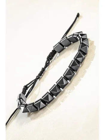 Erkek Kadın Doğal Taş Bileklik - Siyah Hematit Doğal Taşlı Makrome Gotik Tarz Model Unisex Bileklik