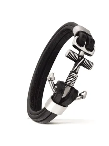 Unisex Çelik Ve Deri Bilekli Halat Çapa Figürlü
