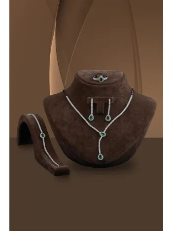 Çağıl Bayan Zümrüt Taşlı Gümüş Su Yolu Set - Kolye, Bileklik, Küpe, Yüzük