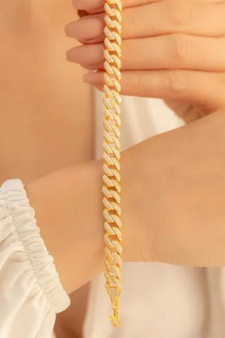 Kadın Gümüş Bileklik - 14 Ayar Gerçek Altın Kaplama (KARARMAZ) Taşlı Gurmet Model Gümüş Bileklik