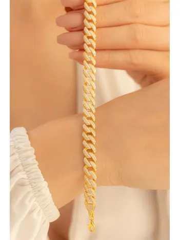 Kadın Gümüş Bileklik - 14 Ayar Gerçek Altın Kaplama (KARARMAZ) Taşlı Gurmet Model Gümüş Bileklik