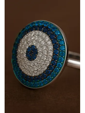 Kadın Gümüş Yüzük - Yuvarlak Nazar Boncuğu Model Gümüş Yüzük