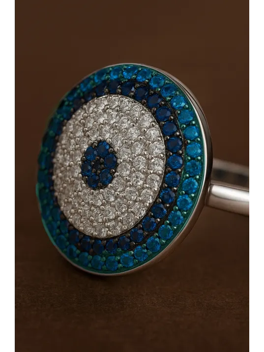 Kadın Gümüş Yüzük - Yuvarlak Nazar Boncuğu Model Gümüş Yüzük