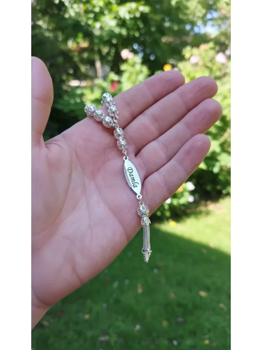 Erkek Gümüş Tespih -Çift Taraflı İsim Yazılabilir Delikli Parlak Küre Kesim Tesbih Bilek Boy