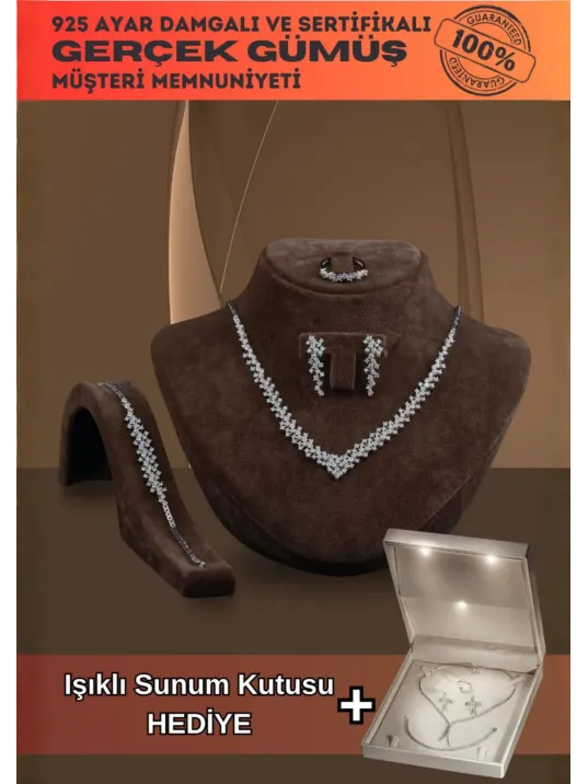 Arın Bayan Zirkon Taşlı Gümüş Su Yolu Set - Kolye, Bileklik, Küpe, Yüzük