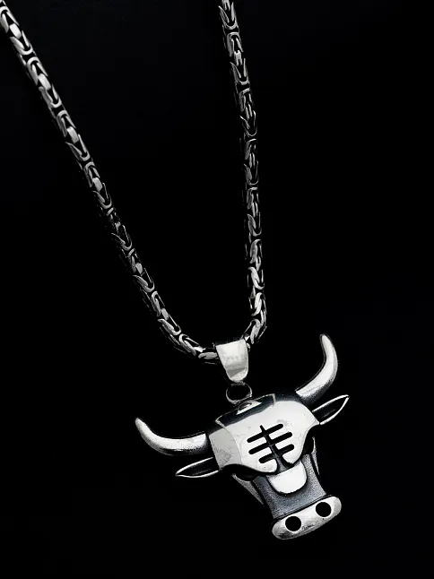 Erkek Gümüş Kolye - Chicago Bulls - Boğa Kafası Figürlü Erkek Kolye