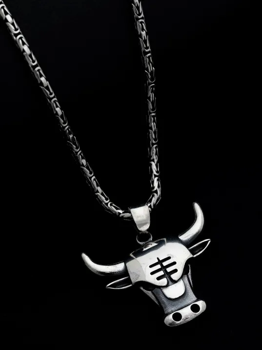 Erkek Gümüş Kolye - Chicago Bulls - Boğa Kafası Figürlü Erkek Kolye