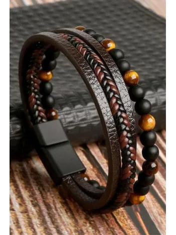 OSMANLI GÜMÜŞ Erkek Bileklik - Erkek Deri Bileklik - Erkek Boncuk Bileklik - Deri Ve Boncuk Kombin Bileklik-Kahverengi
