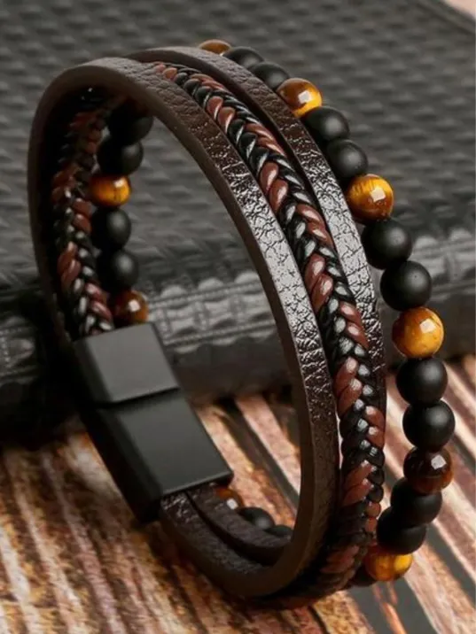 OSMANLI GÜMÜŞ Erkek Bileklik - Erkek Deri Bileklik - Erkek Boncuk Bileklik - Deri Ve Boncuk Kombin Bileklik-Kahverengi