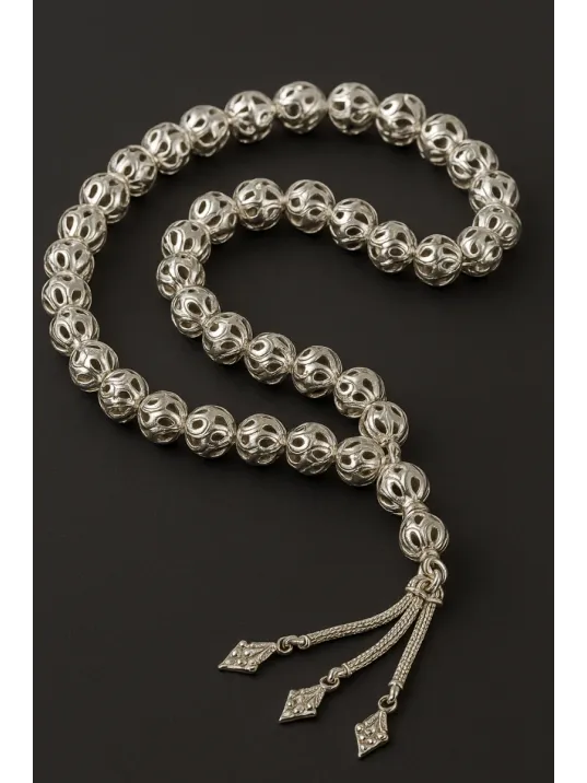 Erkek Gümüş Tespih - 925 Ayar Model Delikli Parlak Küre Üzüm Detaylı Kesim Tesbih Bilek Boy