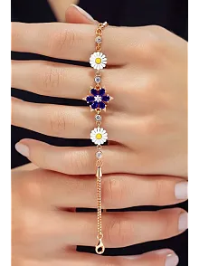 Kadın Gümüş Bileklik - Rose Kaplama Lacivert Safir Taşlı Nergis Çiçeği Motifli Bilezik