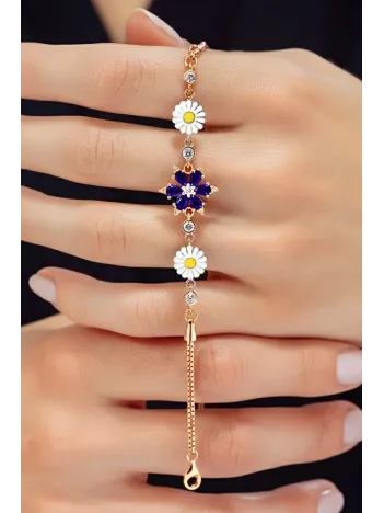 Kadın Gümüş Bileklik - Rose Kaplama Lacivert Safir Taşlı Nergis Çiçeği Motifli Bilezik