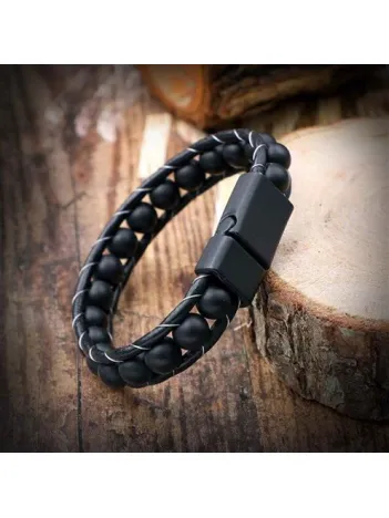 Oniks Doğaltaş Erkek Deri Bileklik