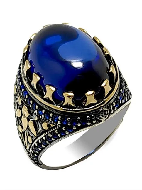 Safir Taşlı Otantik Tasarım Gümüş Erkek Yüzük