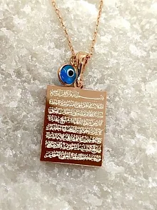 Diktörtgen Ayetel Kürsi Yazılı Rose Renk Bayan Gümüş Kolye