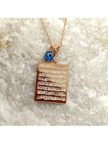 Diktörtgen Ayetel Kürsi Yazılı Rose Renk Bayan Gümüş Kolye