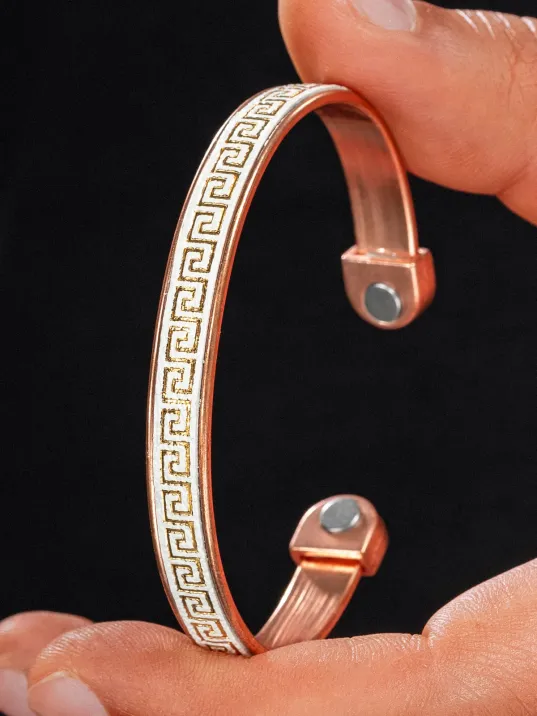 Erkek Kadın Bakır Bileklik - Üstü Hakiki Deri Grek İşlemeli Mıknatıslı Model Metal Kutu Doğal Taş
