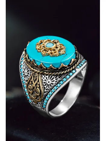 Erkek Gümüş Yüzük - Zirkon Ve Firuze Taşlı Mini Taş İşleme Erkek Yüzük Erkek Gümüş Yüzük - Zirkon Ve Firuze Taşlı Mini Taş İşleme Erkek Yüzük