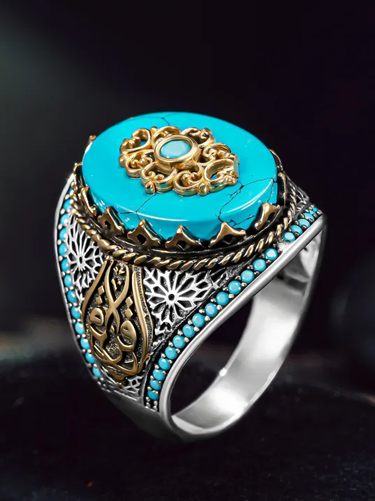 Erkek Gümüş Yüzük - Zirkon Ve Firuze Taşlı Mini Taş İşleme Erkek Yüzük