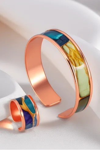Kadın Bakır Bileklik Yüzük Set - Diana Model Özel Baskı Metal Kutu Ve Kuvars Taşı