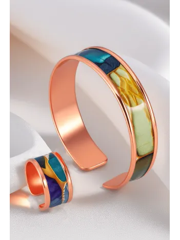 Kadın Bakır Bileklik Yüzük Set - Diana Model Özel Baskı Metal Kutu Ve Kuvars Taşı