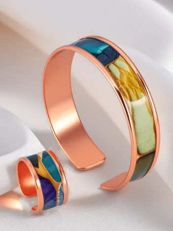 Kadın Bakır Bileklik Yüzük Set - Diana Model Özel Baskı Metal Kutu Ve Kuvars Taşı