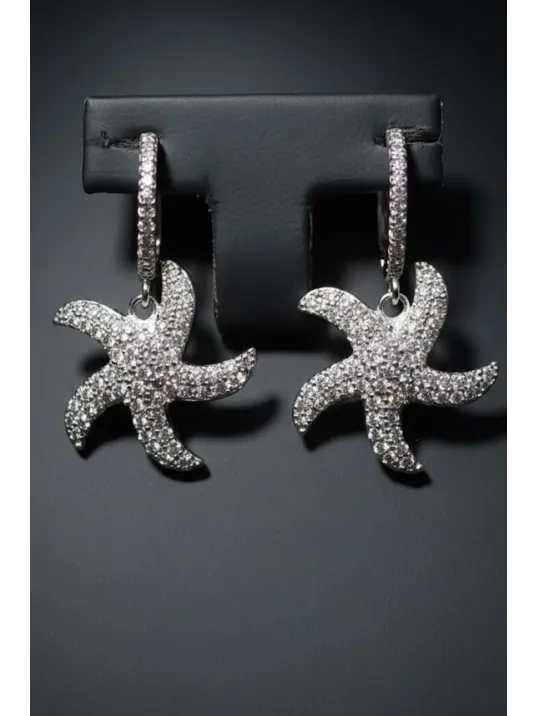 Kadın Gümüş Küpe - Deniz Yıldızı Model Zirkon Taş Kaplama Gümüş Küpe