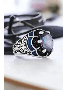 Erkek Gümüş Yüzük - 925 Ayar Gümüş Erkek Mistik Topaz Taşlı Minimal Erkek Gümüş Yüzük