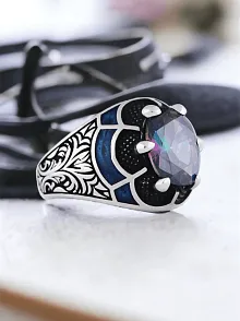 Erkek Gümüş Yüzük - 925 Ayar Gümüş Erkek Mistik Topaz Taşlı Minimal Erkek Gümüş Yüzük