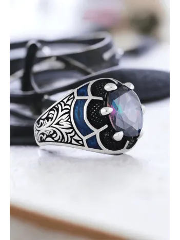 Erkek Gümüş Yüzük - 925 Ayar Gümüş Erkek Mistik Topaz Taşlı Minimal Erkek Gümüş Yüzük