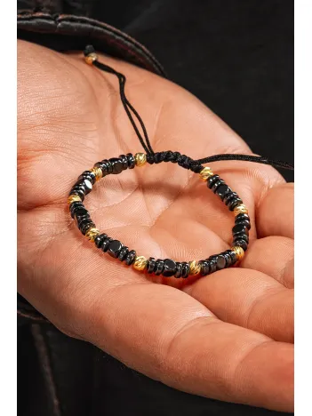 Kadın Erkek Gümüş Bileklik - Hematit Taşlı Gümüş Detaylı İnce Kibar Erkek Kadın Bileklik