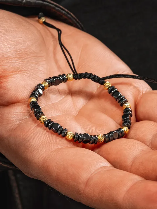 Kadın Erkek Gümüş Bileklik - Hematit Taşlı Gümüş Detaylı İnce Kibar Erkek Kadın Bileklik