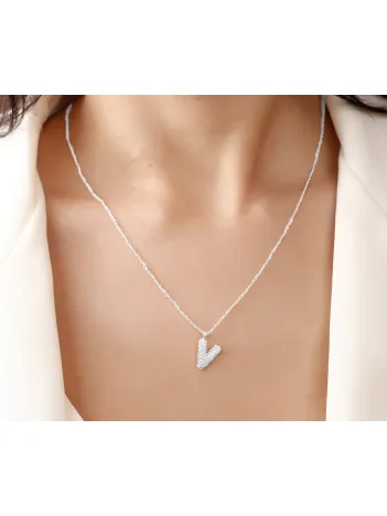 Kadın Gümüş Kolye - V Harfi Zirkon Taşlı Balon Harf Kadın Kolye