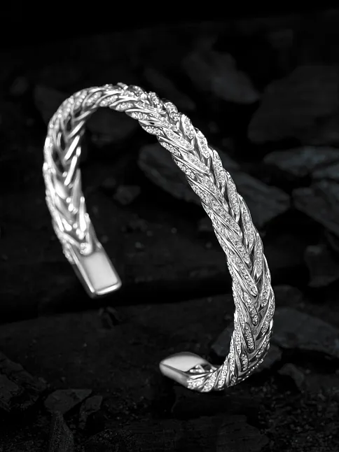 Pırlanta Model Zirkon Taşlı El Yapımı Erkek Gümüş Kelepçe Bileklik