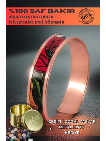 Kadın Bakır Bileklik - Chlara Model Özel Baskı Metal Kutu Ve Doğal Taşlar